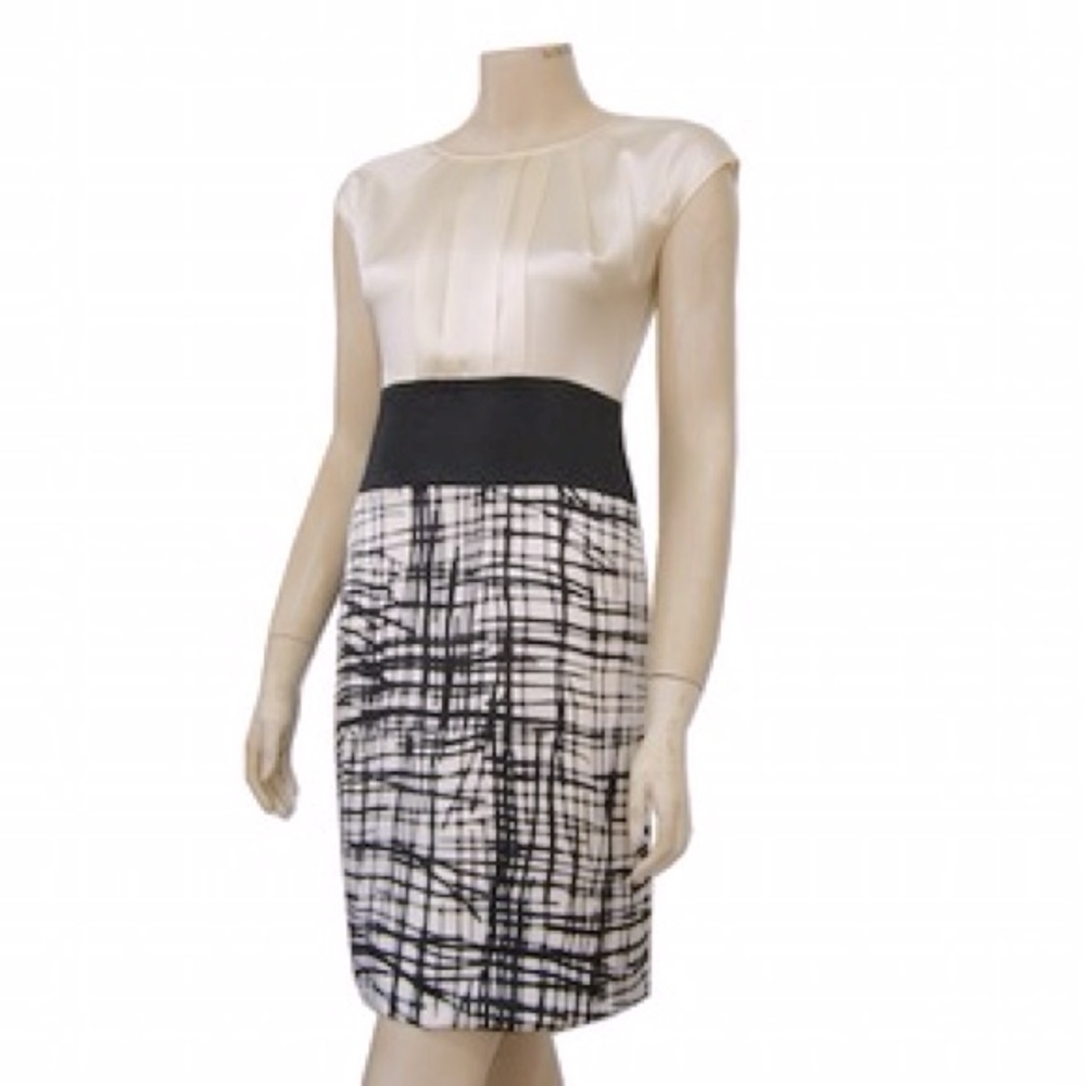 Sz 2 BCBGMAXAZRIA Black & Cream Sleeveless Woven Plainweave Silk Dress Geo Print